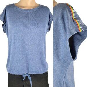 JANE AND DELANCEY ANTHROPOLOGIE ANTHRO Blue w Rainbow Stripes Short Sleeve Shirt